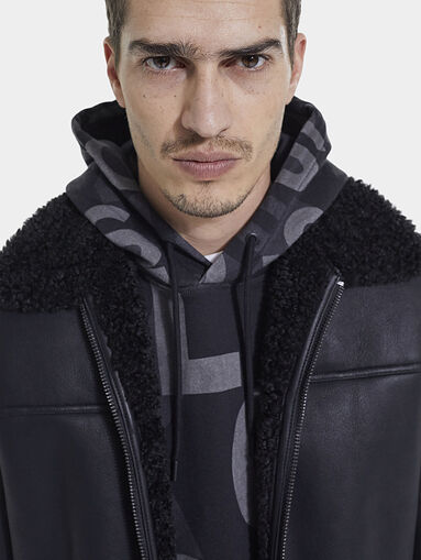 Black eco leather jacket with accent collar - 3