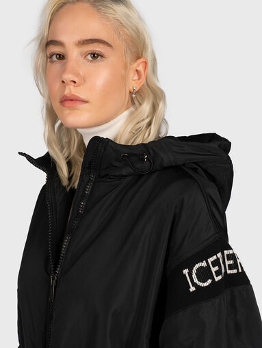 Padded black long jacket with hood  - 5