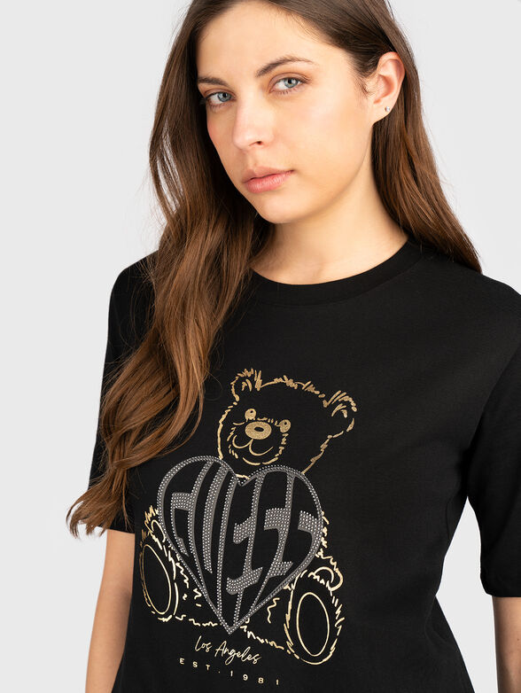 Cotton T-shirt with print and rhinestones - 4