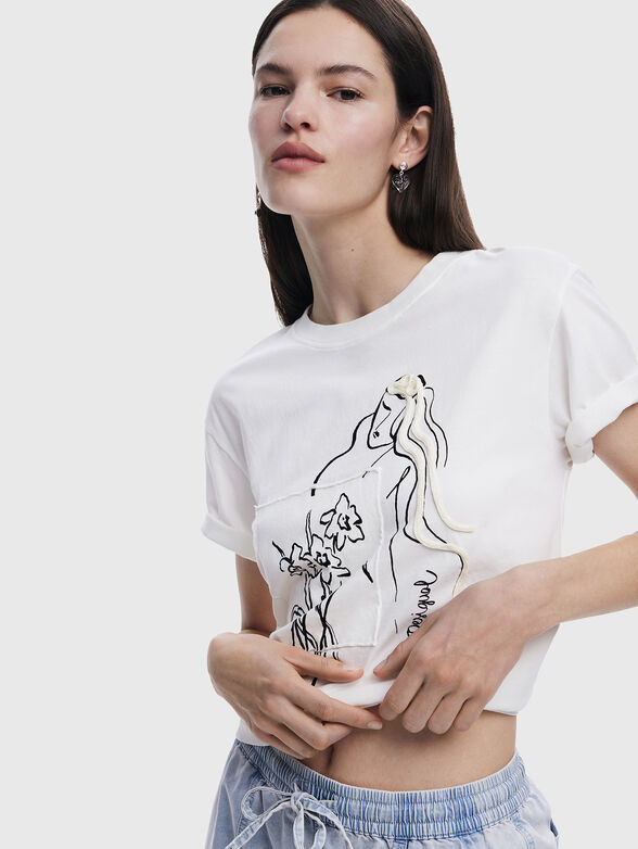 Cotton T-shirt with oval neckline and print - 3