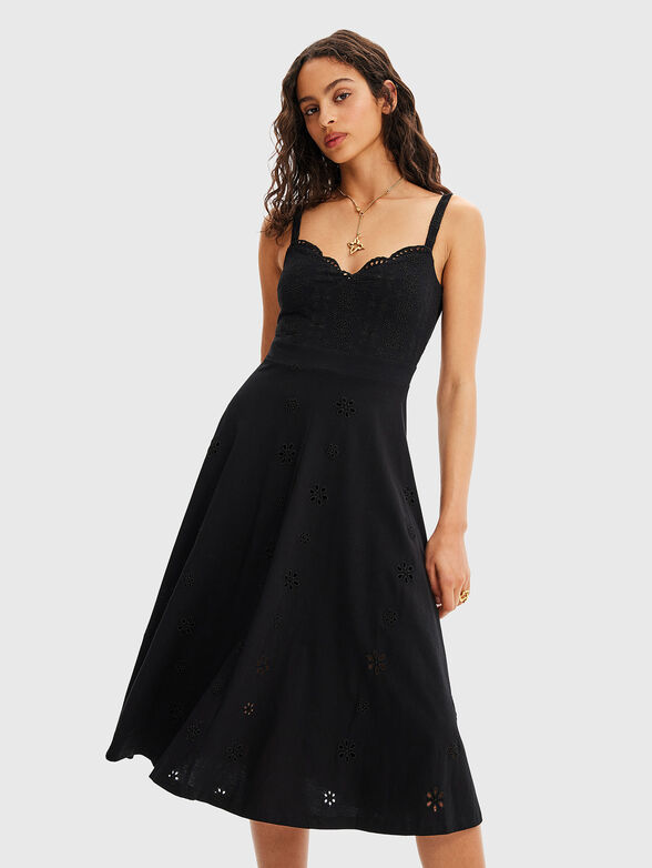 Black midi dress with English embroidery - 1