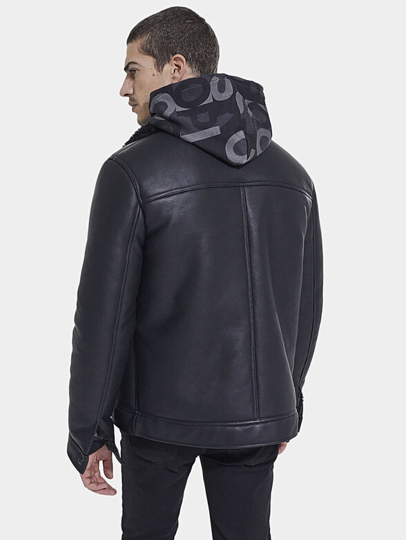Black eco leather jacket with accent collar - 2