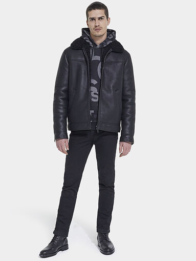 Black eco leather jacket with accent collar - 5