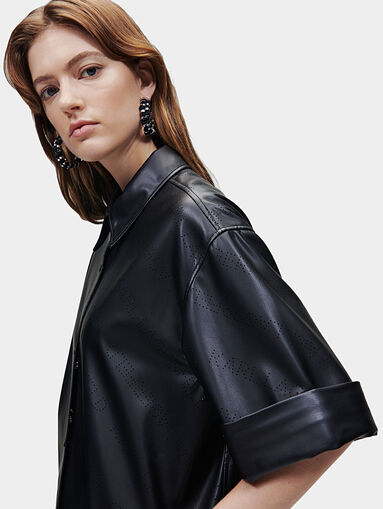 Black faux leather shirt with perforated logos - 5