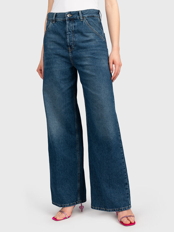 Jeans with wide legs and inscription on the pocket - 1