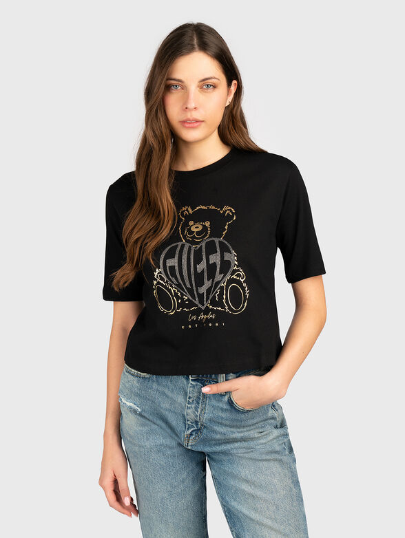 Cotton T-shirt with print and rhinestones - 1
