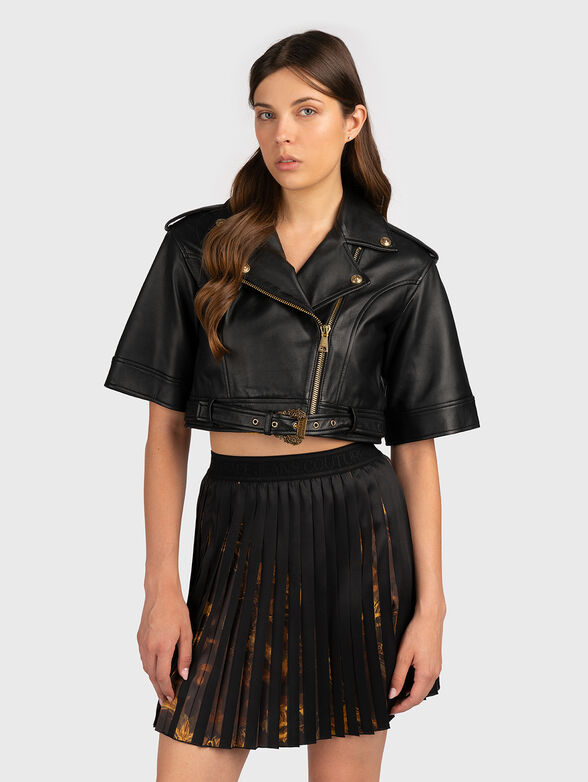 Cropped leather jacket with short sleeves - 1