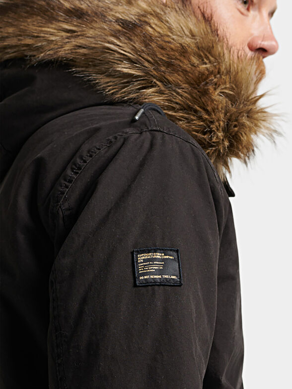 Black hooded parka with faux fur detail - 4