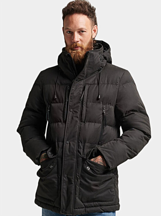 Black padded jacket with hood - 1