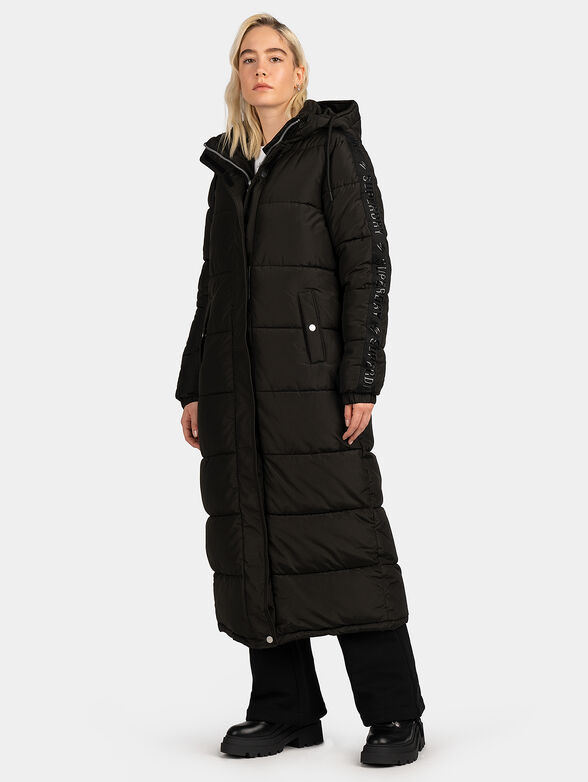 Long padded jacket with hood and logo lettering - 1