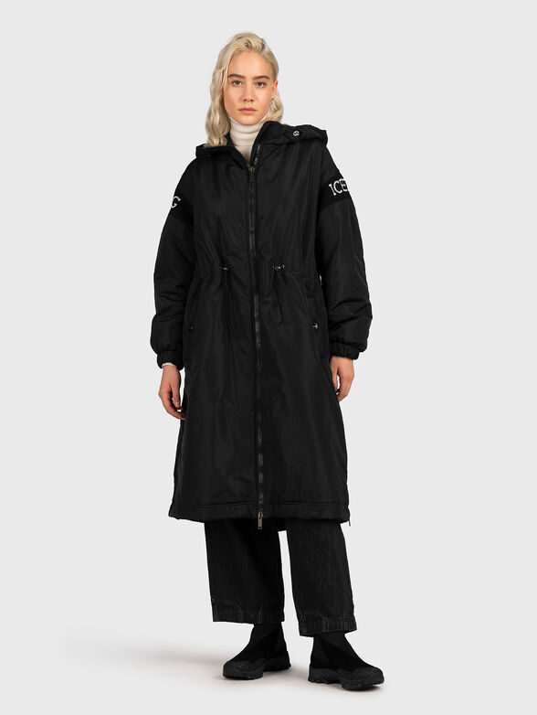 Padded black long jacket with hood  - 1