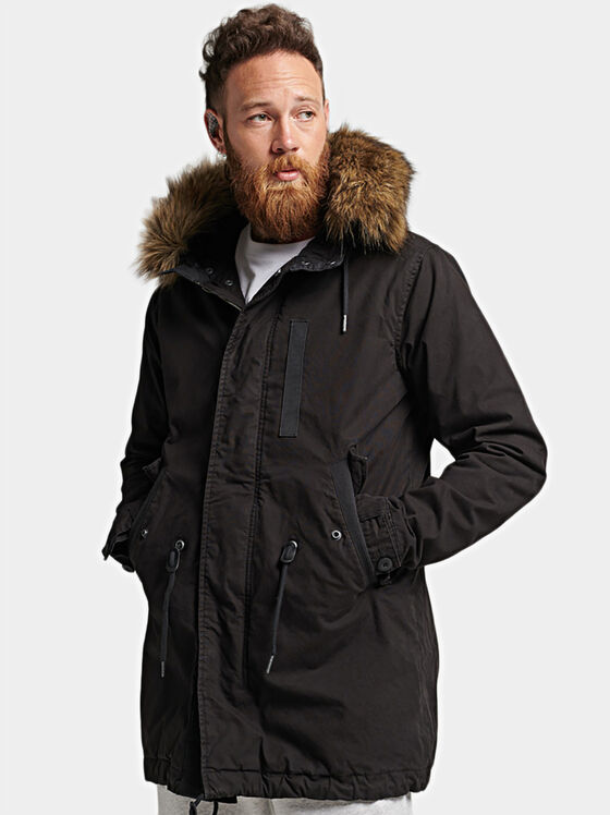 Black hooded parka with faux fur detail - 1