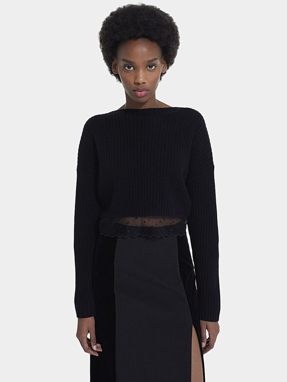 Black cropped sweater with accent hem - 1