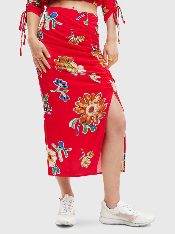 Μίντι φούστα σε κόκκινο χρώμα με φλοράλ μοτίβα - 1