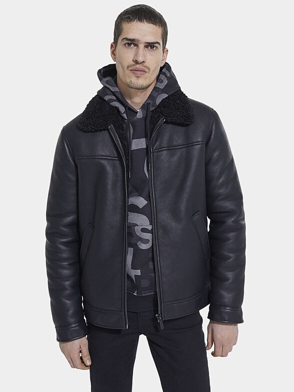 Black eco leather jacket with accent collar - 1