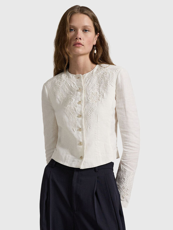 Linen jacket with floral embroidery - 0