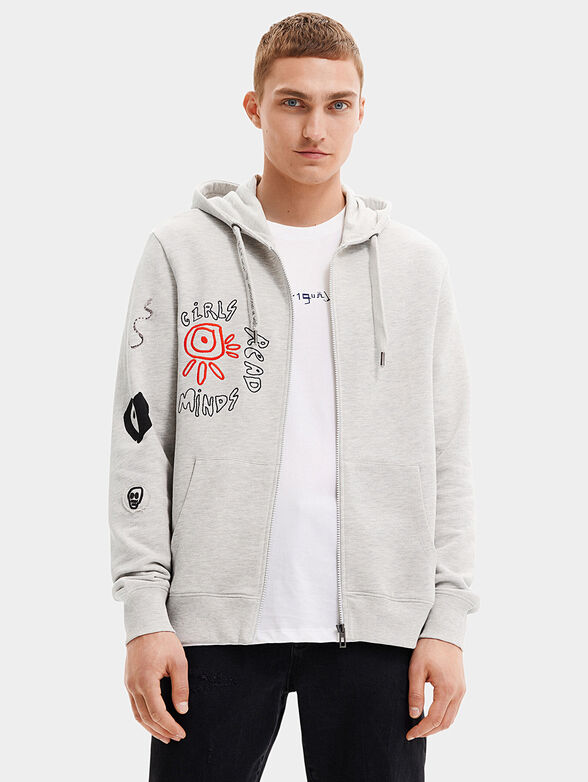 Grey sweatshirt with hood and print - 1