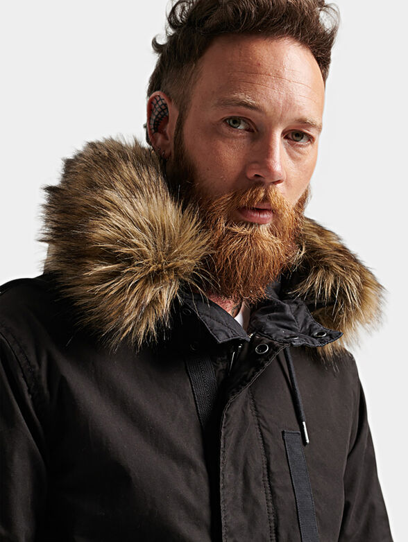 Black hooded parka with faux fur detail - 6