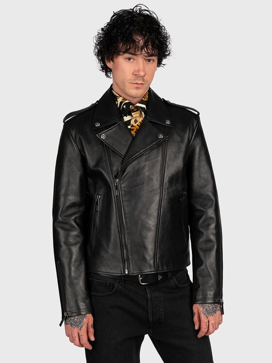 Black leather jacket with logo detail - 1