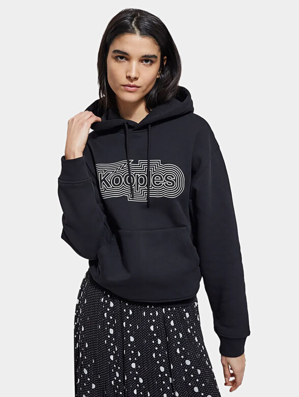 Black sweatshirt with hood and logo print - 1