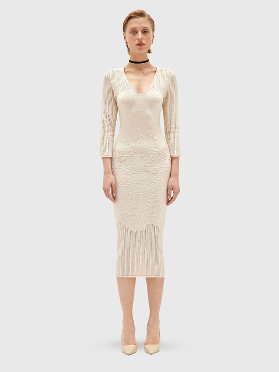 Midi dress with oval neckline and floral motifs - 1