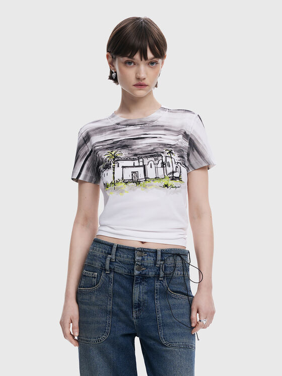 White T-shirt with oval neckline and print - 1