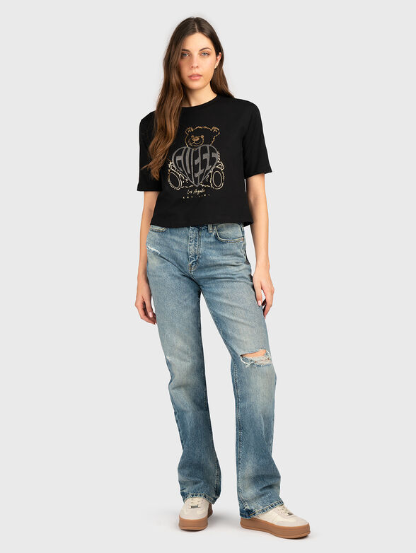 Cotton T-shirt with print and rhinestones - 2