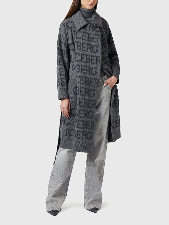 Black wool blend coat with monogram - 2