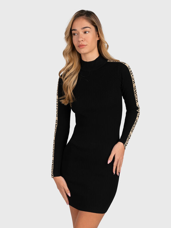 Knitted black dress with long sleeves and logo straps - 1