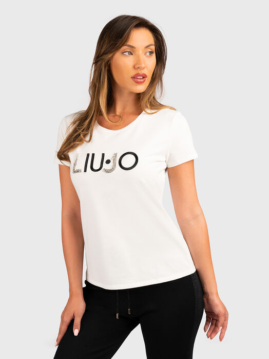 T-shirt with embossed design and rhinestones