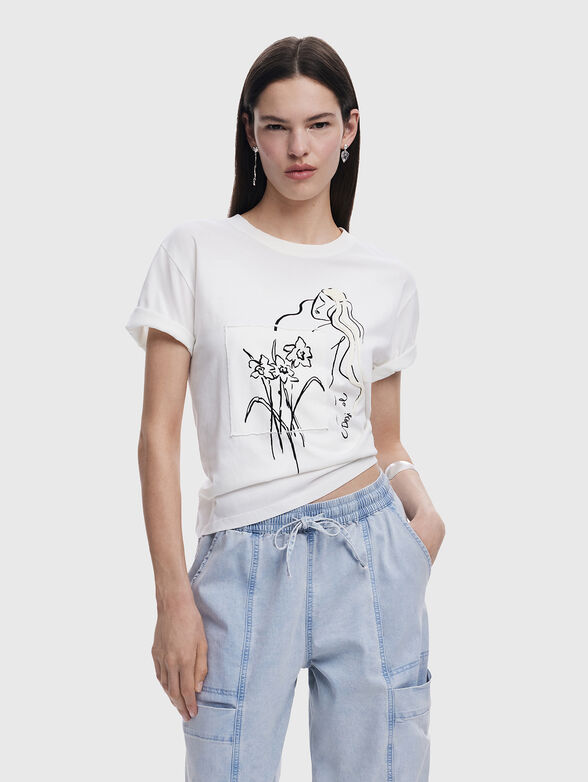 Cotton T-shirt with oval neckline and print - 0