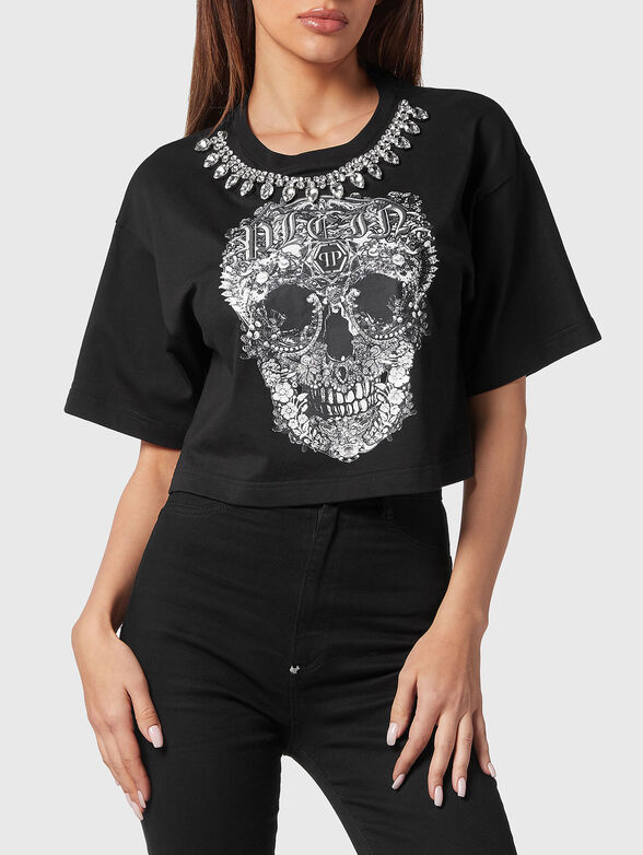Cropped T-shirt with print and rhinestones - 0