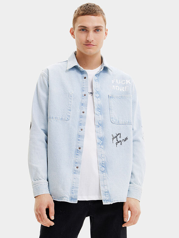 Denim shirt in pale blue color with back print - 1