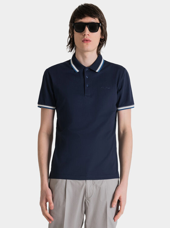 Blue polo shirt with accent collar and sleeves - 1