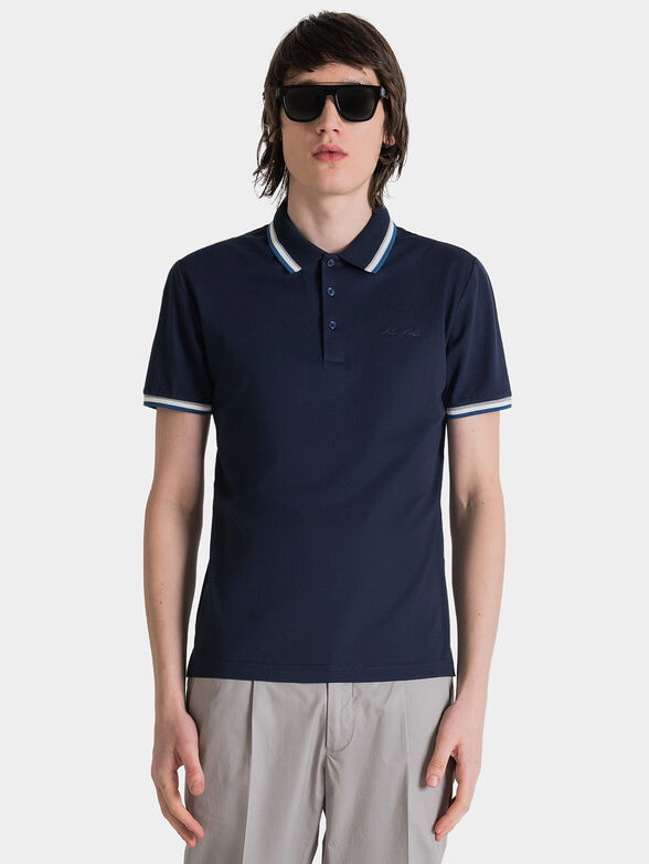 Blue polo shirt with accent collar and sleeves - 1