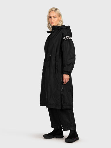 Padded black long jacket with hood  - 3